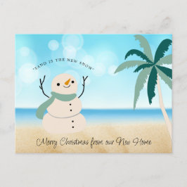 Nieuw adres Sandy Snowman Palm Tree op strand Feestdagenkaart