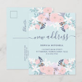 Nieuw adres | Schattigee Blauwe Pastel Bloemen Ver Aankondigingskaart (Voorkant / Achterkant)