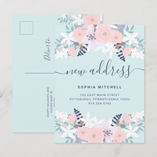 Nieuw adres | Schattigee Blauwe Pastel Bloemen Ver Aankondigingskaart (Voorkant / Achterkant)
