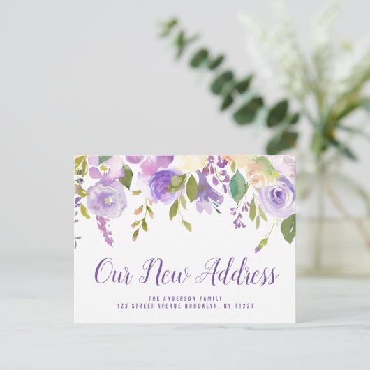 Nieuw Adres script belettering paarse bewegen Briefkaart (Staand voorkant)