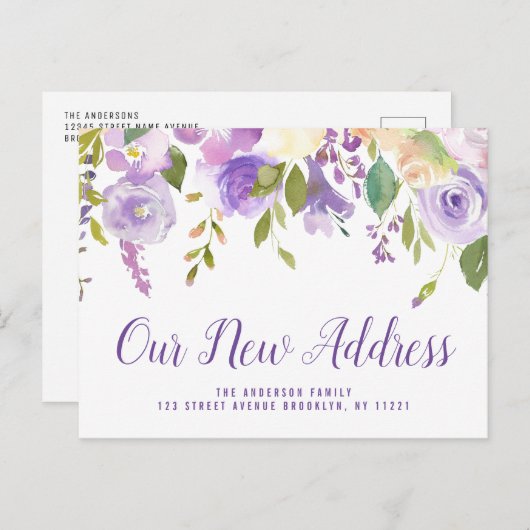 Nieuw Adres script belettering paarse bewegen Briefkaart (Voorkant / Achterkant)