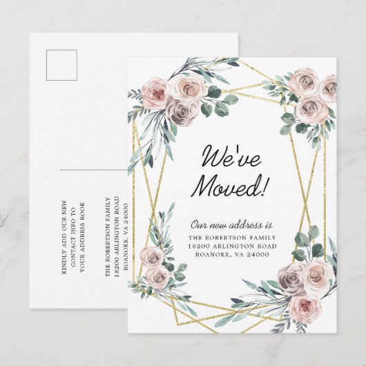 Nieuw adres Stusty Pink Floral Eucalyptus Moving Aankondigingskaart (Voorkant / Achterkant)