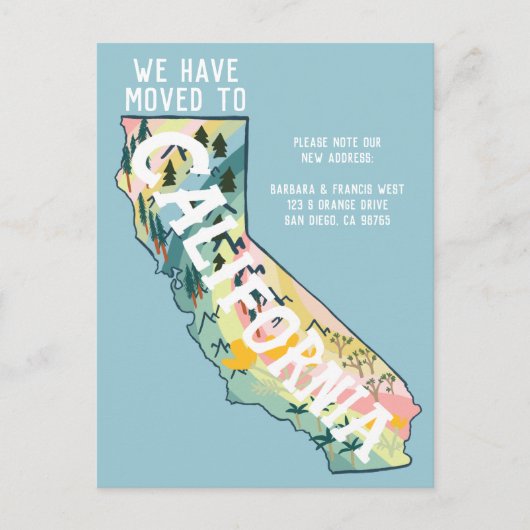 NIEUW ADRES Verhuisd naar California State Map Briefkaart (Voorkant)