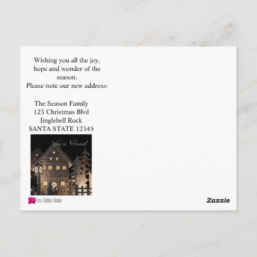 Nieuw adres verlichte kerstwoningen briefkaart (Achterkant)