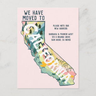 NIEUW ADRES Verplaatst naar California State Map Briefkaart