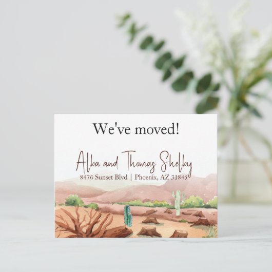 Nieuw adres, woestijnlandschap dat we hebben verpl briefkaart (Staand voorkant)