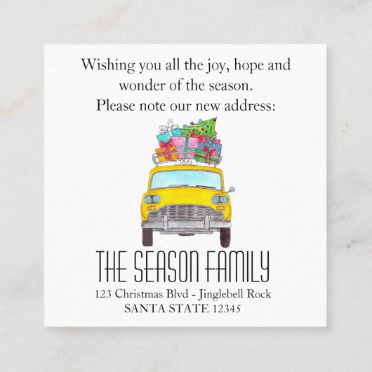 Nieuw adres Yellow Cab met kerstcadeaus Vierkante Visitekaartje (Achterkant)