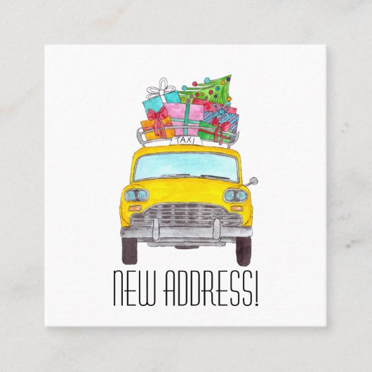 Nieuw adres Yellow Cab met kerstcadeaus Vierkante Visitekaartje (Voorkant)