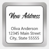 Nieuw adres zilver wit zwart bewegende aankondigin vierkante sticker (Voorkant)