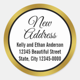 Nieuw adres Zwart Wit Goud Elegant Script Moving Ronde Sticker