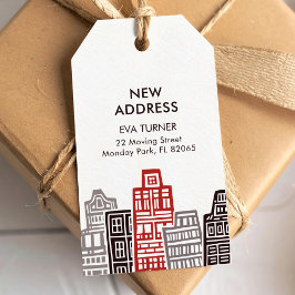 Nieuw adreslabel met rode en zwarte gebouwen cadeaulabel