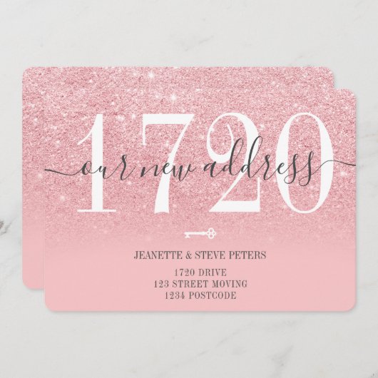 Nieuw adresnummer roze glitter script verplaatsing aankondiging (Voorkant / Achterkant)
