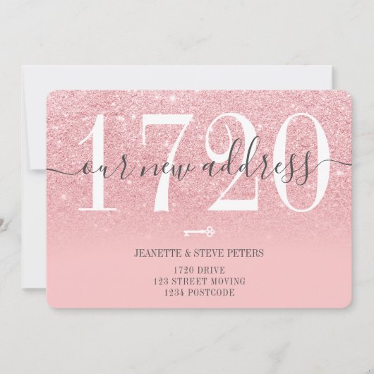 Nieuw adresnummer roze glitter script verplaatsing aankondiging (Voorkant)