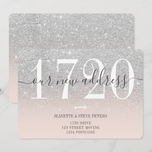Nieuw adresnummer zilverglitterscript verplaatsen aankondiging (Voorkant / Achterkant)