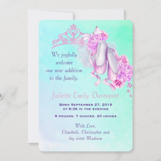 Nieuw Baby Geboorte Aankondiging Ballet Thema (Voorkant)
