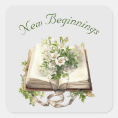 Nieuw Begin Bloemen Open Boek Trouwen Vierkante Sticker (Voorkant)