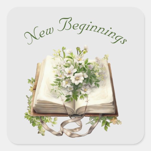 Nieuw Begin Bloemen Open Boek Trouwen Vierkante Sticker (Voorkant)