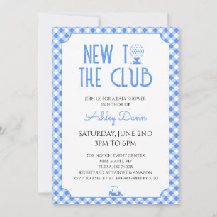Nieuw Bij De Club Blauw Gingham Golf Baby Shower Kaart