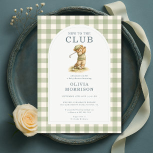 Nieuw Bij De Club Golf Beer Gingham Baby Shower Kaart