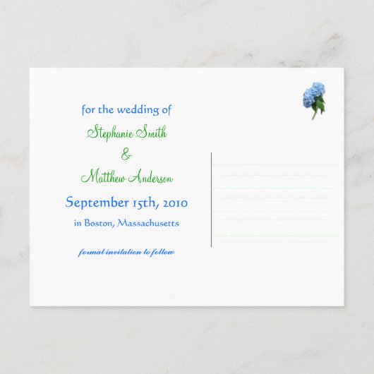 Nieuw Blue Hydrangea Wedding Save the Date Briefka Aankondigingskaart (Achterkant)