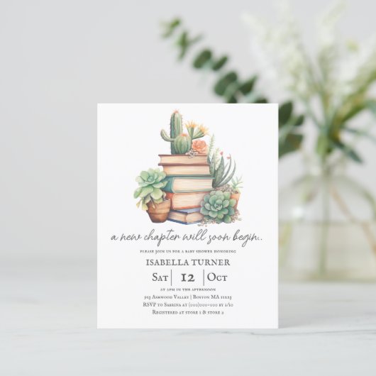 Nieuw Chapter Cactus & Books Baby shower Uitnodigi (Staand voorkant)