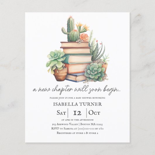 Nieuw Chapter Cactus & Books Baby shower Uitnodigi (Voorkant)