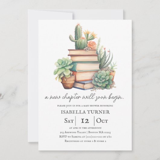 Nieuw Chapter Cactus & Books Baby shower Uitnodigi Kaart (Voorkant)