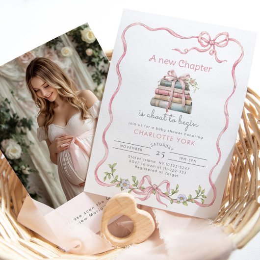Nieuw Chapter Pink Bow foto QR code Baby shower Kaart