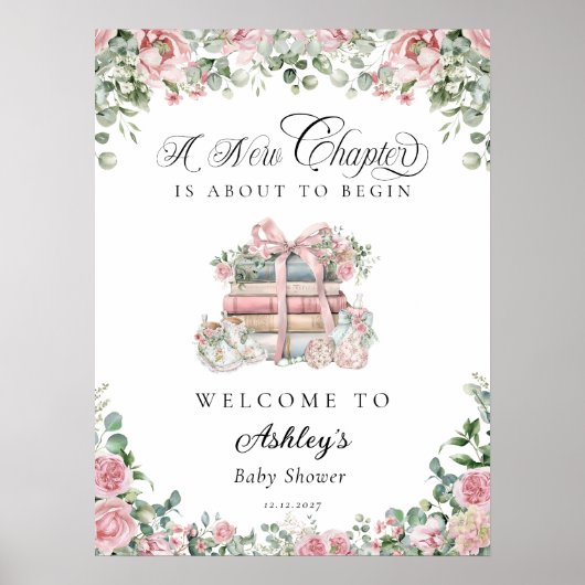 Nieuw Chapter Pink Floral Bow Baby shower Welkom Poster (Voorkant)