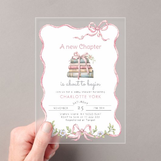 Nieuw Chapter Storybook Pink Bow baby shower Acryl Uitnodigingen (Insitu (Draagbaar))
