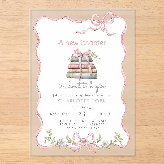 Nieuw Chapter Storybook Pink Bow baby shower Acryl Uitnodigingen (Voorkant)