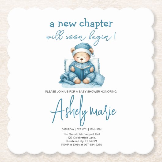 Nieuw Chapter Teddy blue boy baby shower Beer Kartonnen Onderzetters (Voorkant)