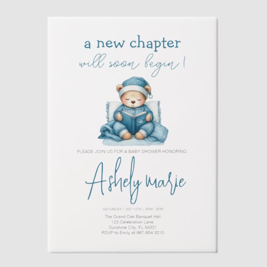 Nieuw Chapter Teddy blue boy baby shower Beer Vellum Uitnodigingen (Voorkant)