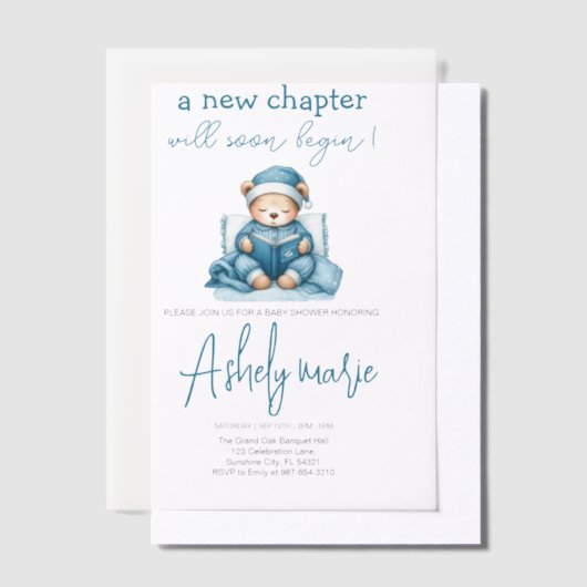 Nieuw Chapter Teddy blue boy baby shower Beer Vellum Uitnodigingen (Offset)