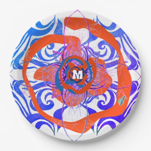 Nieuw deco Monogram Oranje Blauw Roos Papieren Bordje (Voorkant)