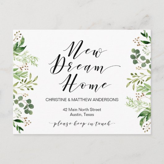 Nieuw droomhuis, groen, bewegende aankondiging briefkaart (Voorkant)