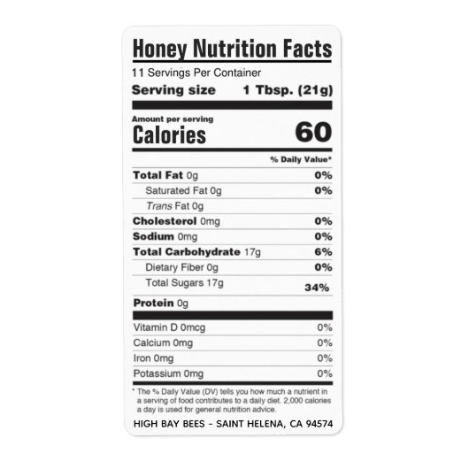 NIEUW FDA-conform voedingshoningetiket 2020-21 Etiket (Voorkant)