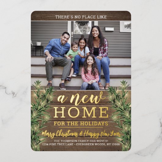 Nieuw Home Kerst Groen, Hout & Lichten 2 Foto Folie Feestdagenkaart (Voorkant)