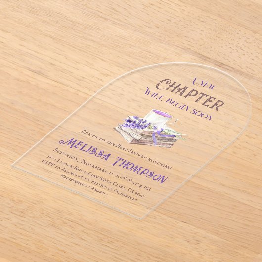 Nieuw hoofdstuk Begin Lavender Brunch Book Baby sh Acryl Uitnodigingen (Laagn)