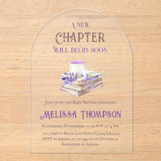 Nieuw hoofdstuk Begin Lavender Brunch Book Baby sh Acryl Uitnodigingen (Voorkant)