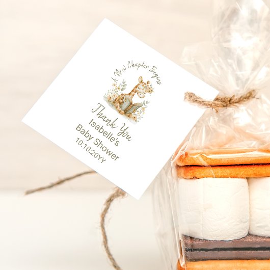 Nieuw hoofdstuk begint Giraffe Storybook Baby show Bedankjes Labels