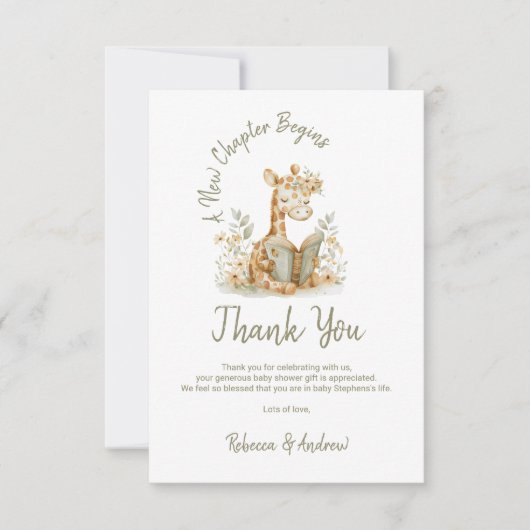 Nieuw hoofdstuk begint Giraffe Storybook Baby show Bedankkaart (Voorkant)