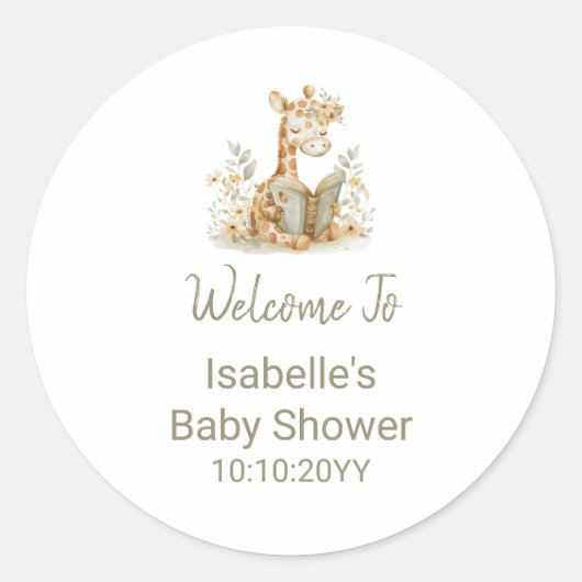 Nieuw hoofdstuk begint Giraffe Storybook Baby show Ronde Sticker (Voorkant)