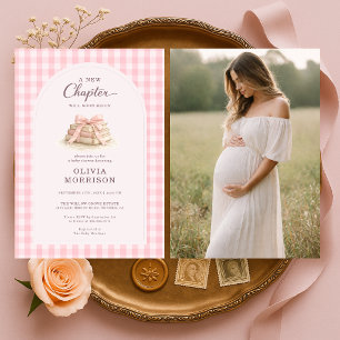 Nieuw Hoofdstuk Begint Roze Strik Foto Baby Shower Kaart