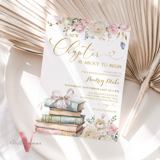 Nieuw hoofdstuk Boeken Gold Bruids Douche Uitnodig Kaart