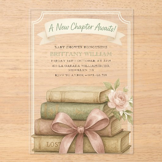 Nieuw hoofdstuk wacht op Pink Bow-Baby shower Acryl Uitnodigingen (Voorkant)