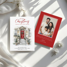 Nieuw huis aquarel rode voordeur Kerstmis
