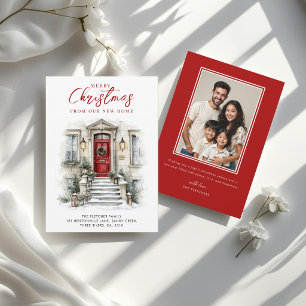 Nieuw huis aquarel rode voordeur Kerstmis Feestdagenkaart