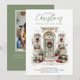 Nieuw huis aquarel voordeur Kerstmis Feestdagenkaart