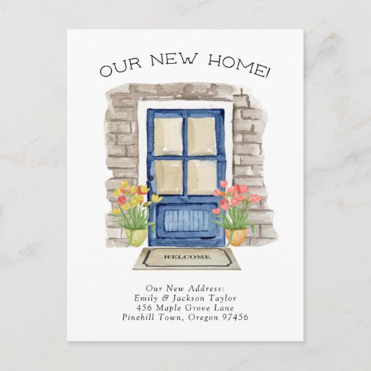 Nieuw huis - Cute Nieuw Adres Waterverfdeur  Aankondigingskaart (Voorkant)